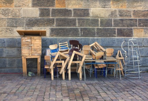 Skips lined up on a Covent Garden street ready for recycling collection