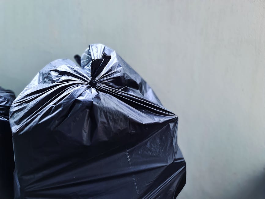A row of dark green rubbish bags, some tied tightly and others partially torn open, are lined up along the exterior of a clothing store window on a city sidewalk. The bags appear filled with discarded